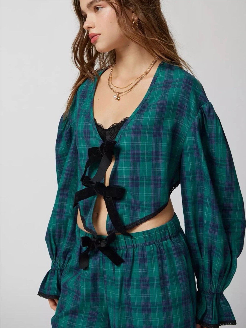 Urban Outfitters Out From Under Charlotte Flannel Bow Blouse Top M 8